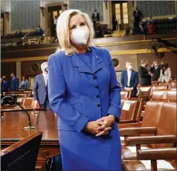  ?? MELINA MARA — THE WASHINGTON POST VIA AP ?? Rep. Liz Cheney, R-Wyo., arrives to the chamber ahead of President Joe Biden speaking to a joint session of Congress, Wednesday, April 28, 2021, in the House Chamber at the U.S. Capitol in Washington.