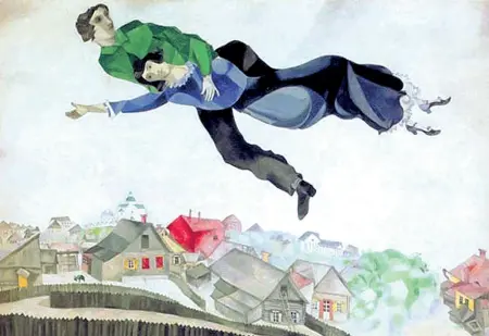  ?? In volo ?? Il quadro «Sopra la città», un acquarello di March Chagall dipinto fra il 1914 e il 1918