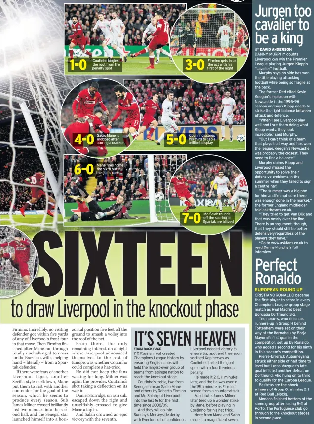  ??  ?? Coutinho begins the rout from the penalty spot Sadio Mane is mobbed after scoring a cracker Mane fires home the sixth but still the goals came.. Firmino gets in on the act with his first of the night Coutinho scores his third to cap a brilliant display...