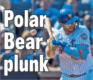  ?? Corey Sipkin ?? YOU AGAIN? Pete Alonso absorbs the impact of a 96 mph fastball from the hand of Pirates pitcher Johan Oviedo — who plunked the Mets slugger on the hand last year as a Cardinal, leading to time on the injured list — Sunday at Citi Field.