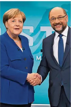  ?? FOTO: HERBY SACHS/ARD/DPA ?? Das TV-Duell zwischen Angela Merkel und Martin Schulz sahen am 3. September 16,23 Millionen Zuschauer. Einen weiteren direkten Schlagabta­usch vor laufenden Kameras wird es nicht geben.