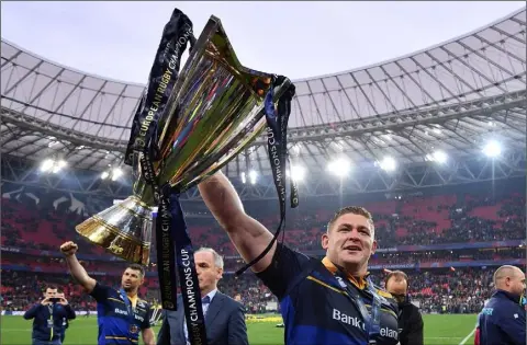  ??  ?? The European Champions Cup is in safe hands as Tadhg Furlong displays it proudly after Saturday’s success in Bilbao.