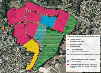  ?? (Illustrati­ons Cad et DR) ?? Zone économique (en rouge), centre aquatique (bleu), espace vert (vert) et habitat (jaune) sont prévus dans le projet de la Zac de Sainte-Barbe.