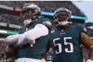  ?? Photograph: Tim Nwachukwu/Getty Images ?? The Eagles’ Haason Reddick, left, celebrates with his teammates after recovering a fumble during the second quarter of the NFC championsh­ip game last month at Lincoln Financial Field.