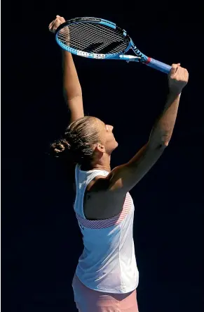  ?? GETTY IMAGES ?? Karolina Pliskova, of the Czech Republic, celebrates after defeating United States’ Serena Williams in their quarterfin­al match yesterday.