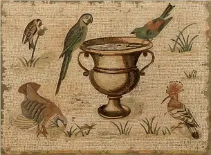  ??  ?? ABOVE LEFT: The Roman marble mosaic with its mysterious macaw. ABOVE RIGHT: A blue-and-yellow macaw, Ara ararauna – what was it doing in ancient Rome?