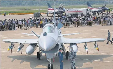  ?? ?? A J-10C jet at the 13th China Internatio­nal Aviation and Aerospace Exhibition on September 28, 2021, in Zhuhai, Guangdong province. On Sunday, China flew 39 warplanes including J-10 fighter jets towards Taiwan in its largest such sortie of the new year.