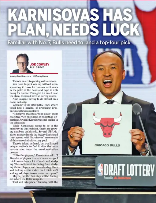  ?? NUCCIO DINUZZO/AP ?? Will NBA deputy commission­er Mark Tatum announce that the Bulls have gotten the seventh pick again?