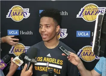  ?? AP PHOTO ?? In this June 15 file photo, Markelle Fultz speaks with reporters after his private workout with the Los Angeles Lakers in El Segundo.