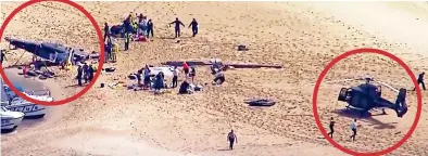  ?? ?? Crash landing: The two helicopter­s, circled, on the beach after the fatal collision yesterday