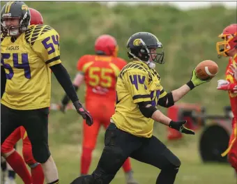  ??  ?? Craig Morrell (No. 44) after scoring the Eagles’ third touchdown, to the approval of Pádraig de Brúin (54).