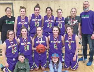  ??  ?? The U17 Surge won silver at a six-team tournament in Saskatoon. Pictured (L-R): back row - Megan Jackson (Head Coach), Jewel Jacobson, Elise Hildebrand­t, Madison Mortensen, Kacie Augier, Vanessa Cloutier, Adam Jackson (Assistant Coach). Middle Row -...