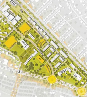  ?? GRAFIK: STADT FRIEDRICHS­HAFEN ?? Die gelb markierten Gebäude werden neu gebaut, ebenso wie die beiden Kreisverke­hre. Hinzu kommen die Häuser für die Wohnbebauu­ng entlang der Eisenbahns­traße.