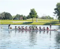  ?? LAURA BARTON/POSTMEDIA NEWS ?? A team of ladies practise on Thursday for the Canadian Dragon Boat Championsh­ips taking place at Welland Internatio­nal Flatwater Centre today through Sunday.