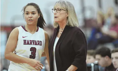  ?? PHOTO COURTESY GIL TALBOT/HARVARD ATHLETICS ?? MEDIOCRE NO MORE: Harvard women’s basketball coach Kathy Delaney-Smith (right), whose team is 13-1 and hasn’t lost since the season opener, chats with freshman point guard Katie Benzan.