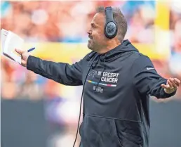  ?? JACOB KUPFERMAN/AP ?? Matt Rhule, seen Sunday during the Panthers’ game against the 49ers, was fired on Monday as Carolina’s head coach.