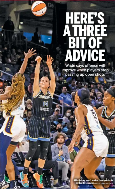  ?? ASHLEE REZIN/SUN-TIMES ?? Allie Quigley hasn’t made a three-pointer in her last three games.