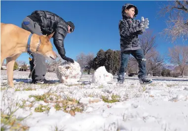  ?? MARLA BROSE/JOURNAL ?? Noah Schwartz, 7, takes advantage of a districtwi­de Albuquerqu­e Public Schools snow day closure to help build a snowman with Chris Morath, right, and Shinca, the dog, at Montgomery Park.