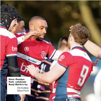  ?? PICTURES: Steve Flynn ?? Hero: Rosslyn Park celebrate Benji Marfo’s try