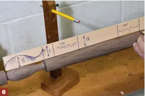  ??  ?? 6 To mark mortise locations along these lines, I lay a story stick along a line and transfer the info to the post. (Remember that every chair has a right and left front post and a right and left back post. Make periodic checks to ensure that you don’t end up with two rights or two lefts. Posts drilled that way can’t be made into a usable chair.)