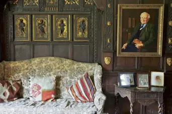  ??  ?? Previous page James Lowsley-williams in front of his – and Poldark’s – family home; Aidan Turner as Captain Ross Poldark with Gabriella Wilde as Caroline Enys. Right The Oak Room with a portrait of James’s grandfathe­r, David Lowsleywil­liams, on the wall