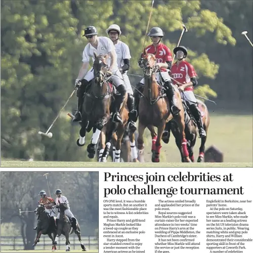  ??  ?? Top, the Duke of Cambridge, left, takes part in the annual Audi Polo Challenge at Coworth Park polo club in Ascot, Berkshire. Above, Prince Harry, right, also took part.
