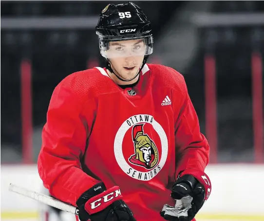  ?? JUSTIN TANG/THE CANADIAN PRESS ?? Senators centre Matt Duchene skated in his first practice with the Ottawa Senators on Monday morning after being traded from the Colorado Avalanche.