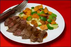  ?? LINDA GASSENHEIM­ER - TNS ?? Glazed Steak with Sweet Potatoes and Zucchini.