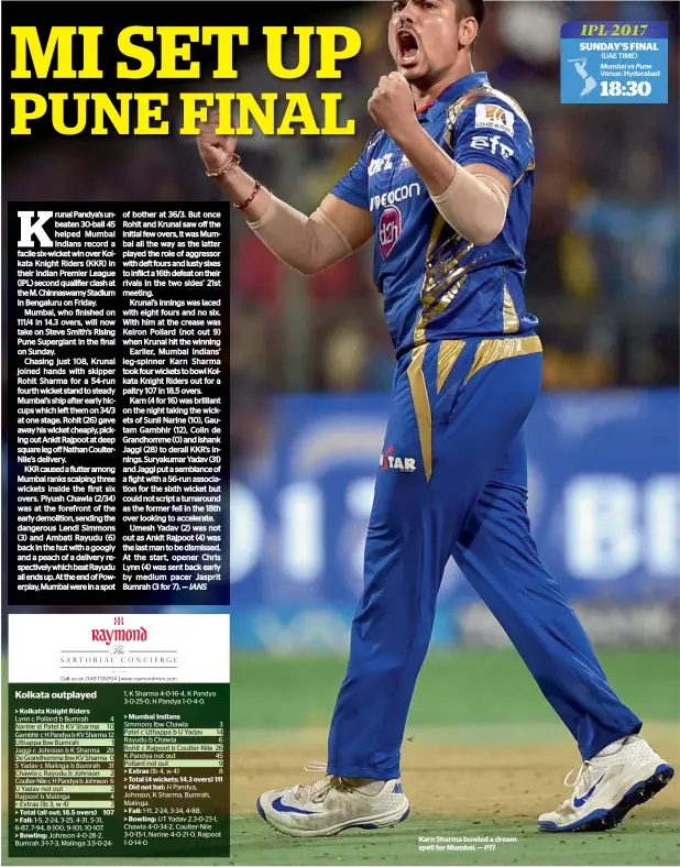  ?? PTI ?? Karn Sharma bowled a dream spell for Mumbai. —