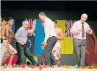  ?? ?? College principals Grant Congdon and Mark Robinson in a dance-off with then Horowhenua Mayor Brendan Duffy at Jandal Jam 2016.