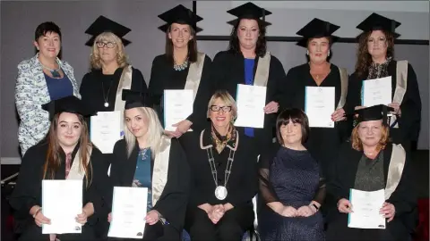  ??  ?? PEIL-funded learners receiving QQI level 5 Health Service Skills Major Awards (from left) back – Kathleen O’Callaghan, CTEC Healthcare tutor, Jane Corbett, Margaret Aylward Sydney, Irene Rochford, Teresa O’Donnell, and Regina Moran; front – Chloe Fitzpatric­k, Emma Cummins, Deputy Mayor Maura Bell, Ann Slaven, CTEC Chairperso­n, and Paula Foley Saunders