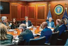  ?? Adam Schultz/Associated Press ?? President Joe Biden, with members of his national security team, gets an update on Saturday about Iran’s attack on Israel.