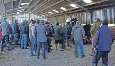  ?? 01_A49farm02 ?? Auctioneer Drew Kennedy is surrounded by potential buyers.