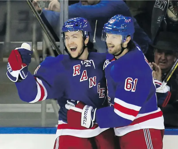  ?? — GETTY IMAGES FILES ?? Derek Stepan, left, and Rick Nash teamed up for years with the Rangers, and Stepan is sad to see his former teammate forced to retire earlier than he had hoped because of a concussion suffered last March while playing with the Bruins.