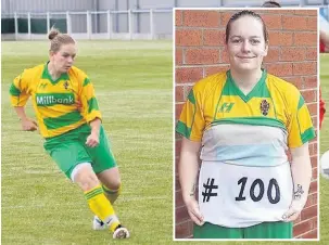  ??  ?? Markswoman Megan Pickering in action for Runcorn Linnets Ladies and celebratin­g reaching her 100 goals milestone for the club.