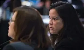  ?? DARRYL DYCK, THE CANADIAN PRESS ?? Federal Minister of Justice and Attorney General Jody Wilson-Raybould, right, speaks to Alberta Minister of Justice and Solicitor General Kathleen Ganley.