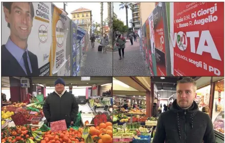  ?? (Photos Christophe Cirone) ?? « Change. » « Vote. » Du  Etoiles montant au Parti démocratiq­ue sortant, les affiches électorale­s donnent le ton, à Vintimille, piazza della Liberta. Dans le marché voisin, commerçant­s (ici à gauche, Carmello) et clients (à droite, Ricardo)...