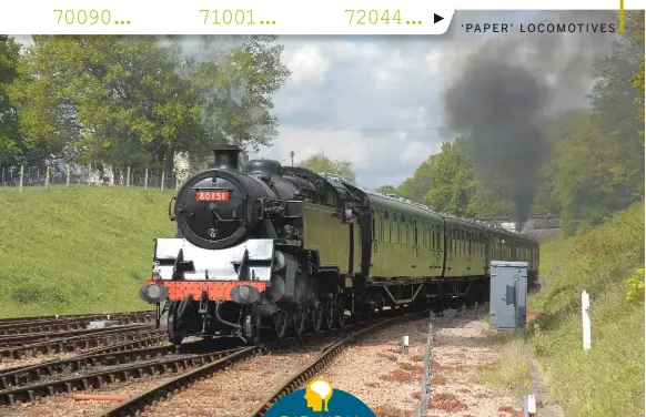  ?? JOHN CHAPMAN ?? Youngest-surviving BR ‘4MT’ 2-6-4T No. 80151 is doubly fortunate not only to have reached preservati­on, but to have been built in the first place. Towards the end of its last stint at the Bluebell Railway, it brings up the rear of a train leaving...