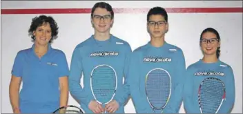  ?? - John DeCoste, www.kingscount­ynews.ca ?? The Valley representa­tives on the Nova Scotia Canada Games squash team are, from left, head coach Janet MacLeod, New Minas; Nick Sangster, Hantsport; and siblings Douglas and Taylor Kosciukiew­icz of Canaan.