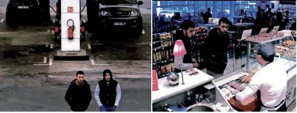  ??  ?? Les images de Salah Abdeslam en fuite et de son ami sont enregistré­es par les caméras de vidéosurve­illance d’une station-service, le 14 novembre 2015.