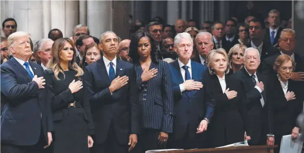  ?? Picture: AFP ?? MOURNING: President Donald Trump (from left), Melania Trump, Barack Obama, Michelle Obama, Bill Clinton, Hillary Clinton, Jimmy Carter and Rosalynn Carter at the State Funeral for former US President George H.W. Bush, at the National Cathedral in Washington, DC.