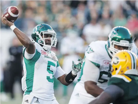  ?? JASON FRANSON/THE CANADIAN PRESS ?? Quarterbac­k Kevin Glenn has the Roughrider­s in playoff contention heading into their Labour Day game against the Winnipeg Blue Bombers.