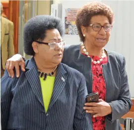  ?? Photo: Ronald Kumar ?? Assistant Minister for iTaukei Affairs Selai Adimaitoga with Opposition Member of Parliament Ro Teimumu Kepa outside Parliament May 25, 2020.