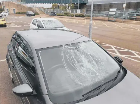  ?? ?? The windscreen of Kim Petty’s VW Polo which was attacked in the Stadium of Light Metro station car park.