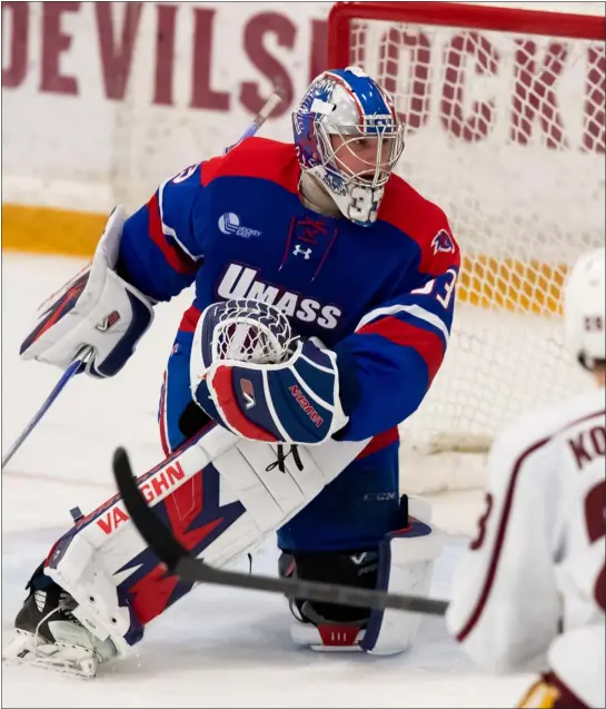  ?? UMASS LOWELL ATHLETICS PHOTO ?? Umass Lowell goaltender Henry Welsch tracks the puck during a game against Arizona State on the road. The Minnesota native has announced he’ll return to the program for a fifth season, a big boost for the River Hawks.