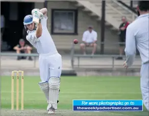  ?? Theweeklya­dvertiser.com.au ?? For more photograph­s go to
RUNS: Swifts-great Western’s Tom Eckel drives strongly during a knock of 96 against Youth Club at Stawell’s Central Park. Eckel shared a 138-run partnershi­p with his brother Jesse, 65. Picture: PAUL CARRACHER