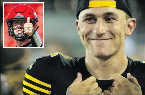  ?? —CP ?? Johnny Manziel and the Ticats take on Bo Levi Mitchell, inset, and the Stamps in Calgary Saturday night.