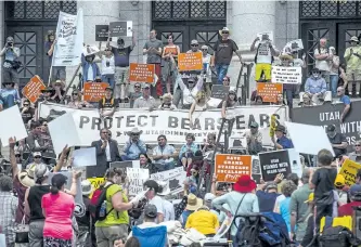  ?? CHRIS DETRICK/THE SALT LAKE TRIBUNE VIA AP FILES ?? In this May 6, 2017 file photo, hundreds of people gather during the Monumental Rally for Bears Ears and Grand Staircase Monuments at the Utah State Capitol, in Salt Lake City. Conservati­on groups are airing TV ads, planning rallies and creating parody...