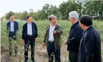  ??  ?? Un responsabl­e du Centre de la culture de variétés de goji de la préfecture de Haixi présente la culture des graines de goji dans le sol de sable.