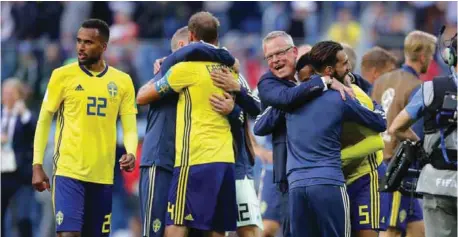  ??  ?? Sweden players celebratin­g after the 1-0 win against Switzerlan­d on Tuesday